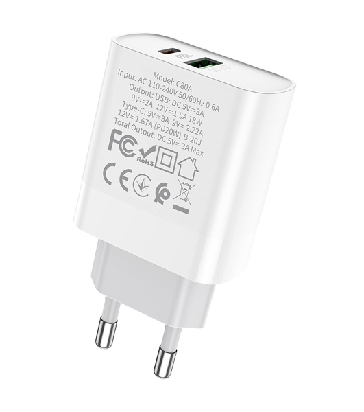 Сетевое зарядное устройство HOCO C80A Rapido 1xUSB + 1xUSB-C, 3.1A, 20W, белый