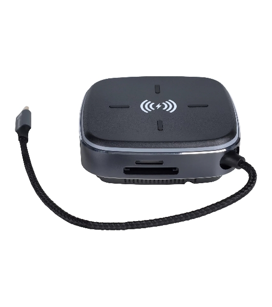 Многофункциональная док-станция Intrend ITACS-9W Type-C с беспроводной зарядкой 3 встроенных высокоскоростных USB 3.0, встроенный высокоскоростной TF и SD карт ридер, разъем RJ-45 для подключения к локальной сети HDMI 4K/30Hz, 60W Power Delivery порт,