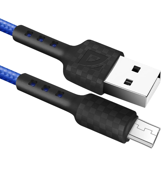 Кабель Defender F181, USB 2.0 (AM) - microUSB 2.0 (BM), 1 м, 2.4А, нейлоновая оплетка, синий.