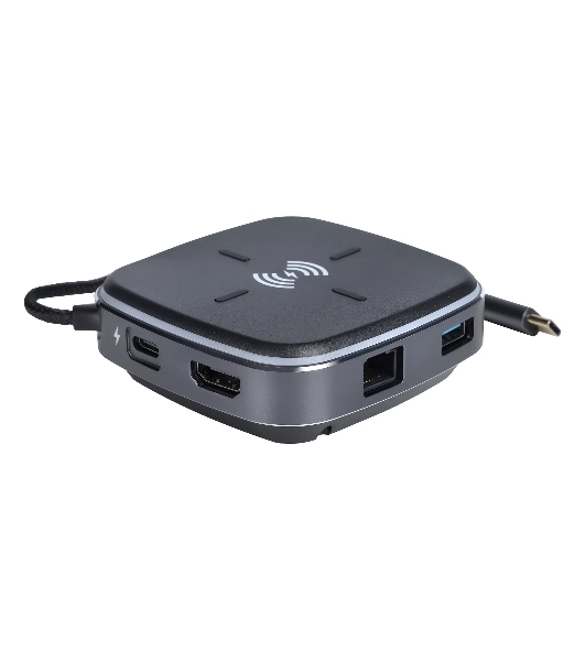 Многофункциональная док-станция Intrend ITACS-9W Type-C с беспроводной зарядкой 3 встроенных высокоскоростных USB 3.0, встроенный высокоскоростной TF и SD карт ридер, разъем RJ-45 для подключения к локальной сети HDMI 4K/30Hz, 60W Power Delivery порт,