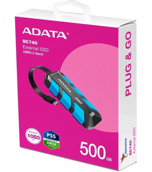 Внешний SSD ADATA SC740, 500 Gb, USB 3.2 Gen 2 Type-C, R/W 1050/1000, синий