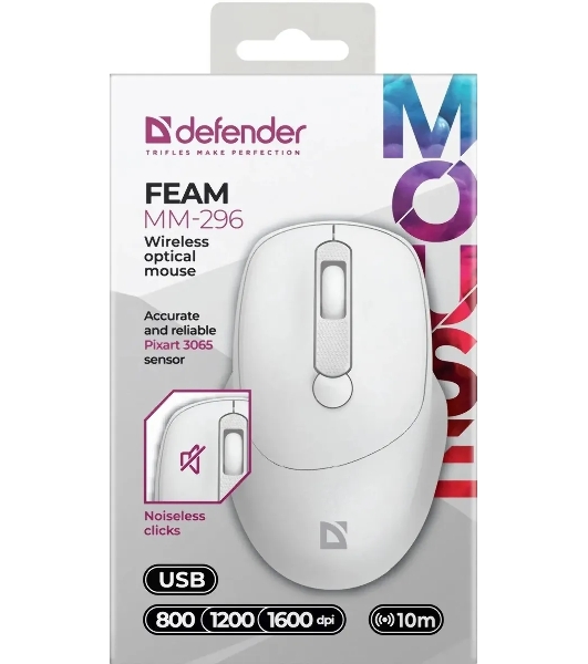 Мышь беспроводная Defender Feam MM-296 белый, 1600 dpi, радиоканал, USB, кнопки - 4