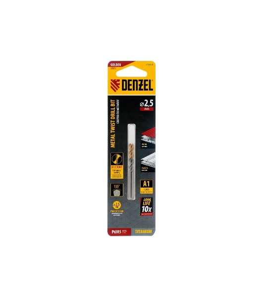 Сверло спиральное по металлу Denzel 2,5 x 57мм, Р6М5, Golden Tip, 2 шт.