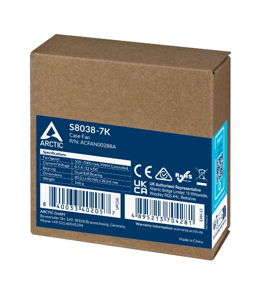Вентилятор для корпуса Arctic S8038-7K черный, 80 мм, 7000 об/мин, 22.5 дБ, 4 pin