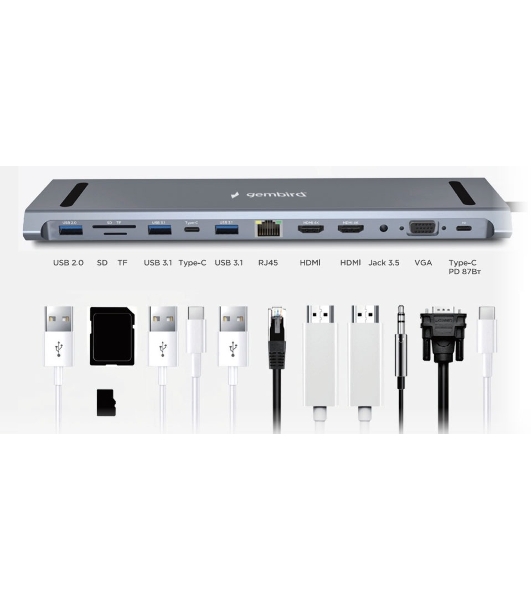 USB-концентратор Gembird UHB-D6, USB Type-C, USB 2.0/RJ45/USB Type-C PD87W/Jack 3.5 / SD/TF/2xHDMI/VGA, USB Type-C