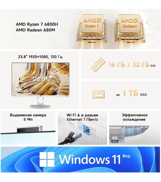 Моноблок Acer Gadget E10 ERAIO 23.8' Full HD Ryzen 7 6800H (3.2) 16Gb SSD512Gb 680M Windows 11 Pro GbitEth WiFi BT 120W клавиатура мышь Cam белый/серебристый 1920x1080