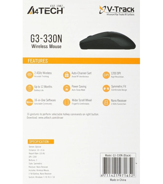 Мышь беспроводная A4Tech G3-330N черный, 1200 dpi, радиоканал, USB, кнопки - 3