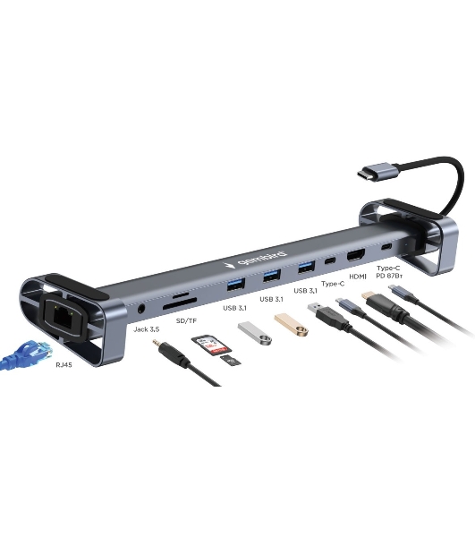 Док-станция Gembird UHB-D5, USB Type-C, 3xUSB 3.1, Type-C PD87W, Jack 3.5, SD/TF, HDMI, RJ45, USB Type-C, USB