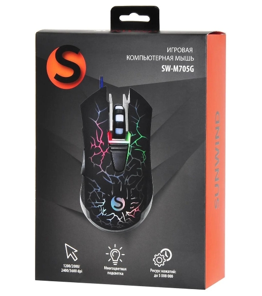 Мышь проводная SunWind SW-M705G черный, 3600 dpi, USB, кнопки - 6