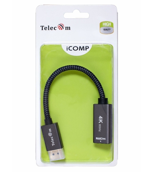 Кабель-переходник DP --> HDMI-F 0.2m, серый металлик, оплетка, 4K@60Hz, Telecom (TA560)