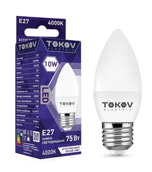 Лампа светодиодная TOKOV ELECTRIC 10Вт С37 4000К Е27 176-264В