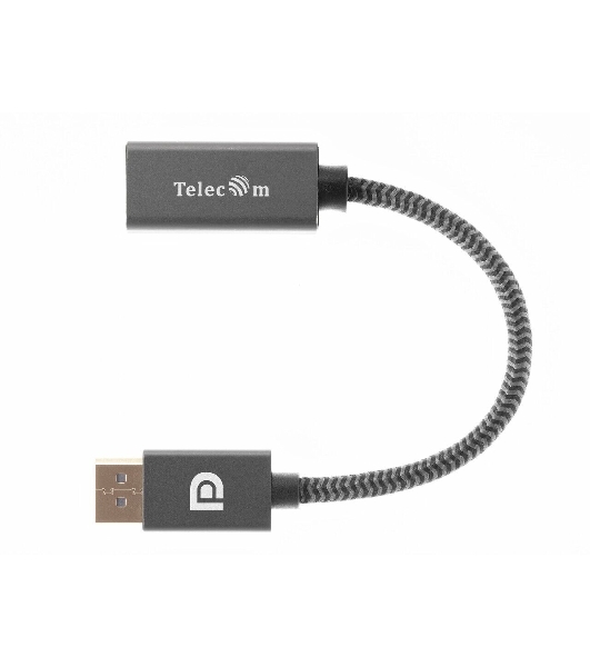 Кабель-переходник DP --> HDMI-F 0.2m, серый металлик, оплетка, 4K@60Hz, Telecom (TA560)