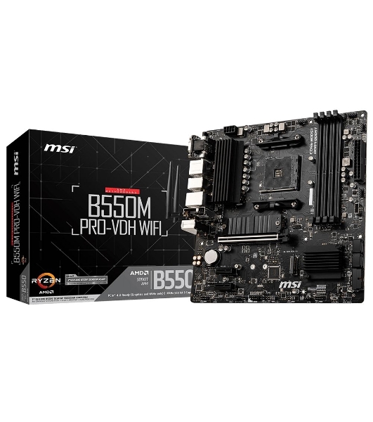 Материнская плата MSI B550M PRO-VDH WIFI, AM4, AMD B550, 4xDDR4, 4xSATA, 2xM.2, 1xPCIe 4.0 x16, 2xPCIe x1, 1xDisplayPort, 1xHDMI, 1xVGA, 1x 1Gb LAN, 2xUSB 2.0, 4xUSB 3.2 Gen 1, 3x3.5 мм, 7.1, mATX
