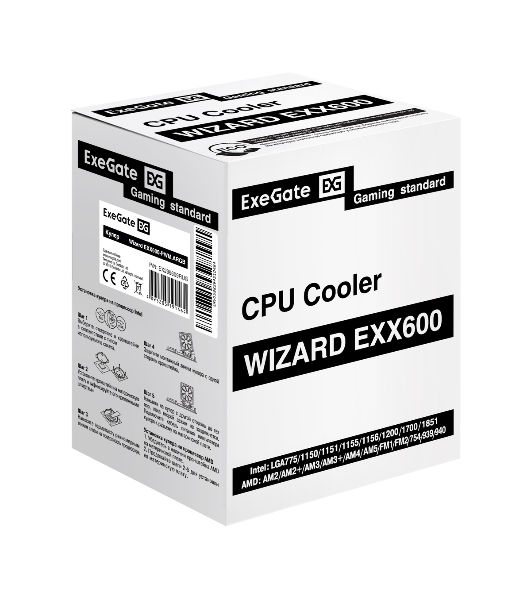 Кулер ExeGate Wizard EXX600-PWM.ARGb (Al+Cu, 6 тепл.трубки, LGA775/1150/1151/1155/1156/1200/1700/1851/AM2/AM2+/AM3/AM3+/AM4/AM5/FM1/FM2/754/939/940, TDP 180W, Fan 120мм PWM, 800-2400RPM, Hydro bearing, 4pin + 5V 3pin ARGb, 11-24db, 540г, ARGb подсветка, с термопастой, на защелках, Color Box)