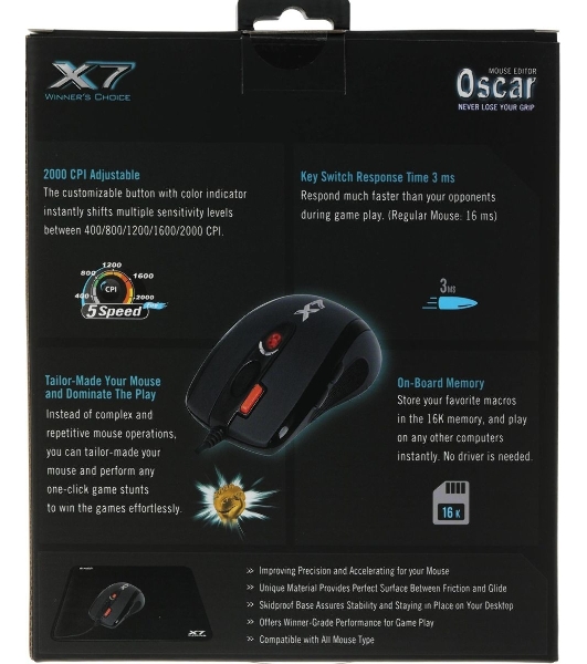 Мышь проводная + коврик A4Tech X-7120 черный, 2000 dpi, USB, кнопки - 7