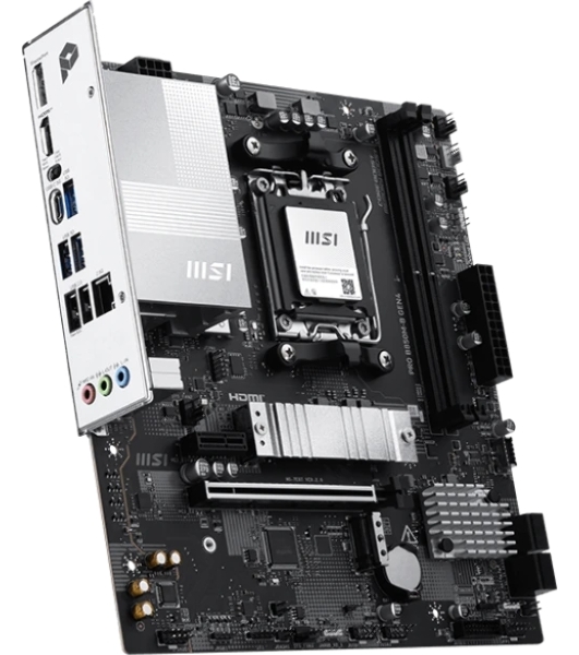 Материнская плата MSI PRO B850M-B GEN4, AM5, AMD B850, 2xDDR5 (до 128 ГБ), 4xSATA, 2xM.2 (1xPCIe 5.0, 1xPCIe 4.0), 1xPCIe 4.0 x16, 1xPCIe x1, 1xHDMI, 1xDP, 1x2.5Gb LAN, 1xUSB-C 5Gbps, 3xUSB-A 5Gbps, 2xUSB-A 2.0, 3x3.5 мм, 7.1, чёрный/серебристый, mATX