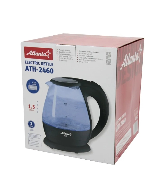 Электрочайник Atlanta ATH-2460 черный стеклянный, 1.5 л, 2200 Вт, скрытый нагревательный элемент