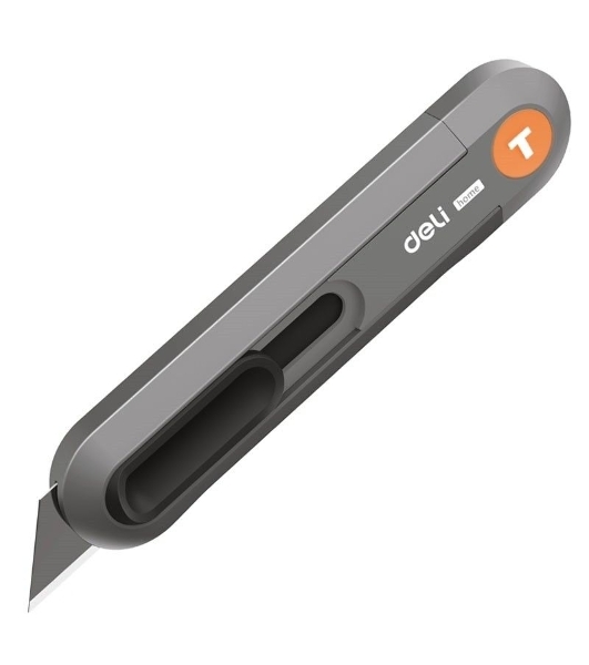 Технический нож Home Series Gray Deli HT4008C Т-образное лезвие с механизмом автоматического возврата, эксклюзивный дизайн, корпус из высококачественного софттач пластика