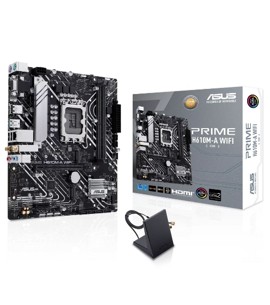 Материнская плата ASUS PRIME H610M-A WIFI, LGA 1700, Intel H610, 2xDDR5, 4xSATA, 2xM.2, 1xPCIe 4.0 x16, 1xDP, 1xHDMI, 1xVGA, 1x1Gb LAN, 1xUSB 3.2 Gen 2, 4xUSB 2.0, 3x3.5 мм, 7.1, mATX