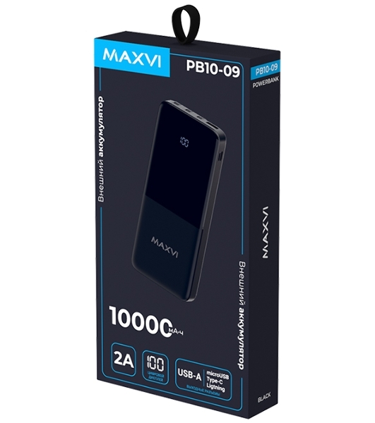 Портативный аккумулятор Maxvi PB10-09 10000 мАч, 2A USB + кабели: Type-C/Lightning/MicroUSB
