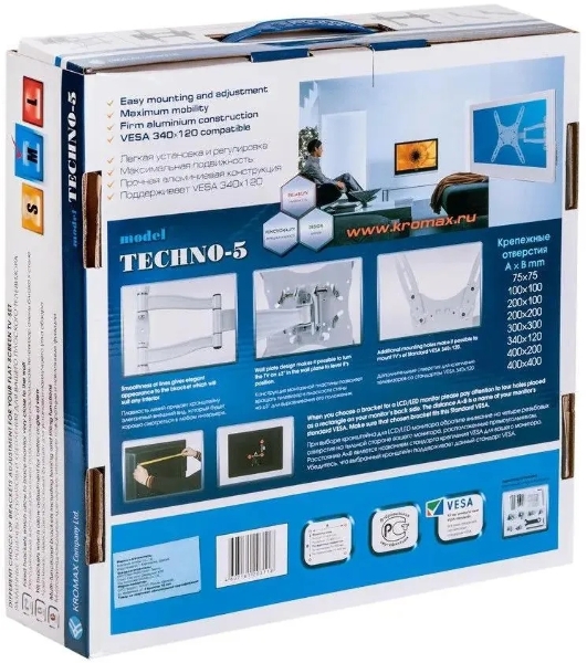 Кронштейн для телевизора Kromax TECHNO-5 белый, 15'-55' макс. 35 кг, настенный, поворот и наклон
