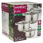 Набор посуды WEBBER BE-616/6 из нерж.стали 6 пр. 2,1 л, 2,9 л, 3,9 л со стеклянными крышками В наборе 6 предметов: кастрюля со стеклянной крышкой 16х10,5 см; 2,1 л кастрюля со стеклянной крышкой 18х11,5 см; 2,9 л кастрюля со стеклянной крышкой 20х12,5см; 3,9л Толщина стали 0,5 мм, фото2