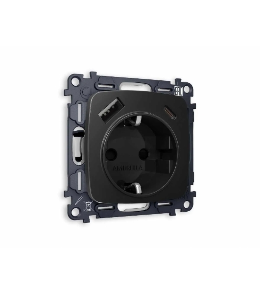 Комплект механизма электрической розетки OMEGA Черный матовый 2USB A+C 20W (быстрая зарядка) с/з QUANT (OP8100, VM160) MO810010
