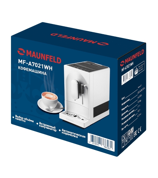 Кофемашина автоматическая Maunfeld MF-A7021WH белый, исп. кофе - зерна, 1.1 л, 1470 Вт, 19 бар