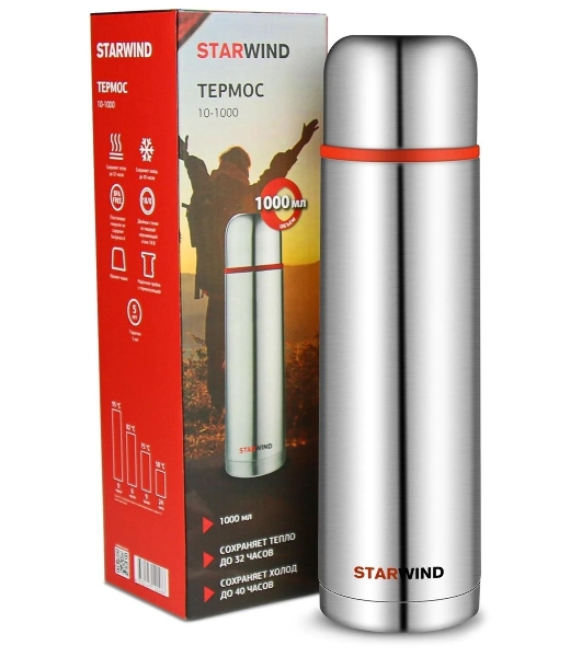 Термос Starwind 10-1000 1 л. серебристый/красный, картонная коробка