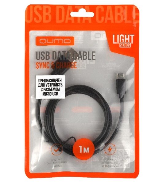 Кабель Qumo light series, USB-MicroUSB, 1м, 5В, 1A, опл. PVC, кон. PVC, черный