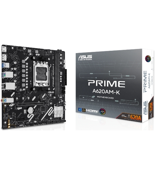 Материнская плата ASUS PRIME A620M-K, AM5, AMD A620, 2xDDR5, 4xSATA, 1xM.2, 1xPCIe 4.0 x16, 1xPCIe 3.0 x1, 1xHDMI, 1xDP, 1x1Gb LAN, 4xUSB-A 5Gbps, 2xUSB-A 2.0, 3x3.5 мм, 7.1, mATX