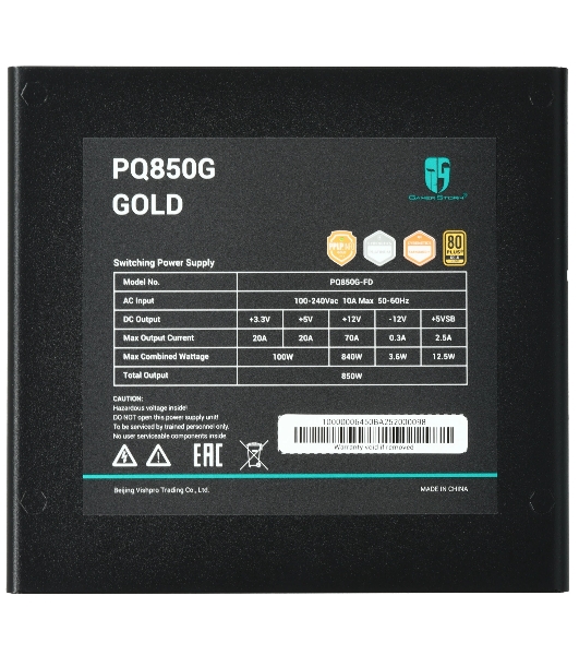 Блок питания Deepcool/GamerStorm PQ850G (ATX 3.1, 850W, Full Cable Management, PWM 120мм fan, 80 PLUS GOLD, Active PFC + Half Bridge + DC/DC, Full Japanese Capasitors, Gen5 PCIe) RET