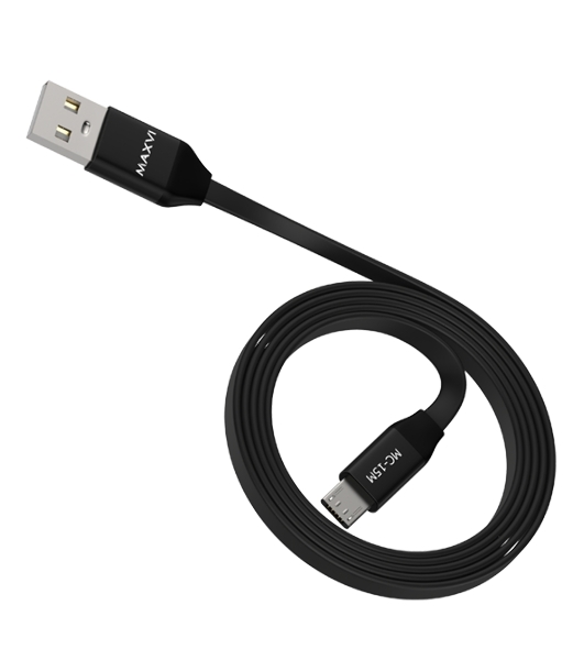 Кабель Maxvi MC-15M black, USB-A - microUSB, 2A ток макс. нагрузки 2А, макс. напряжение 5V; стандарт USB 2.0; плоский кабель, длина 1м, оплетка TPE, металлические корпуса разъемов, цвет черный