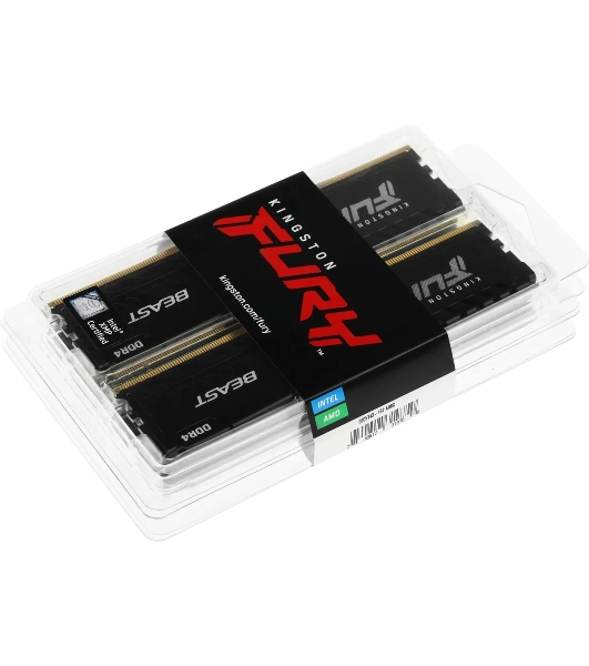 Оперативная память Kingston Fury Beast, DDR4, 64GB (4x16GB), 3600MHz, CL18, DIMM, радиатор, черный