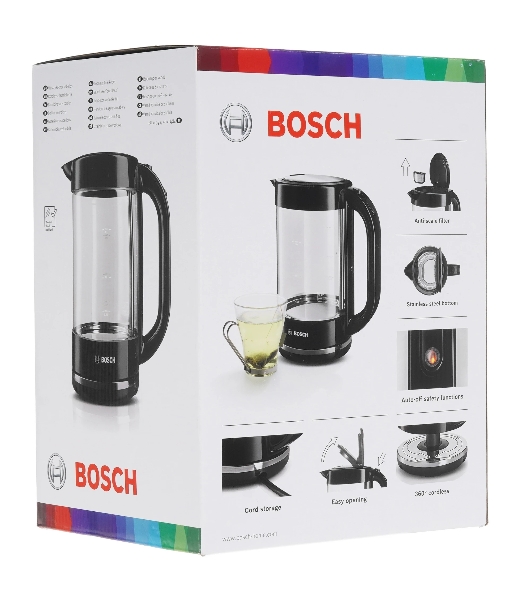 Электрочайник Bosch TWK70B03 черный, 1.7 л, 2400 Вт, скрытый нагревательный элемент