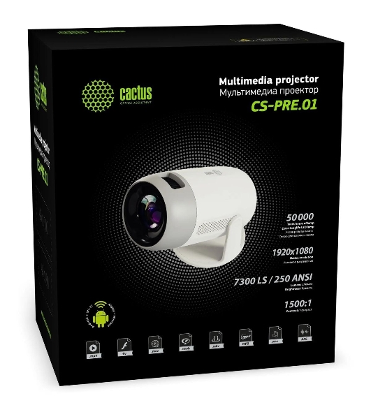 Проектор Cactus CS-PRE.01WT.Full HD-A LCD 7300Lm LS 250Lm ANSI (1920x1080) 1500:1 ресурс лампы:50000часов 1xUSB typeA 1xHDMI 1кг