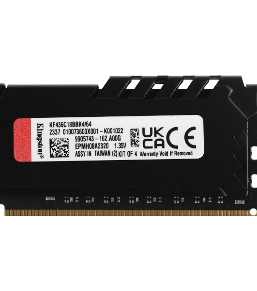 Оперативная память Kingston Fury Beast, DDR4, 64GB (4x16GB), 3600MHz, CL18, DIMM, радиатор, черный