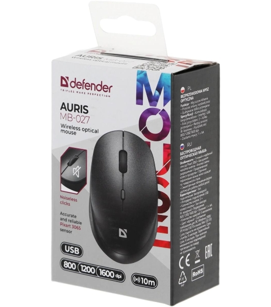 Мышь беспроводная Defender Auris MB-027 черный, 1600 dpi, радиоканал, USB, кнопки - 4