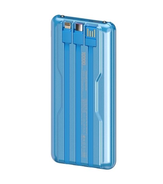 Портативный аккумулятор Maxvi PB10-11 10000 мАч blue 3A, встроенные кабели USB A/Type-C/Lightning