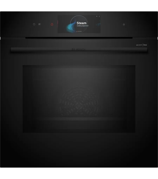 Духовой шкаф Bosch HNG978QB1 Accent line. Serie 8, духовой шкаф с микроволнами и паром, черный, 28 режимов + комбинированные режимы, микроволны до 800 Вт, 4-слойное остекление, 3 цветных текстовых TFT-дисплея 2,5' с сенсорным управлением, поворотный переключатель ControlRing, LED-освещение, меню 'Assist', PerfectBake, PerfectRoast, пиролитическая самоочистка, телескопические направляющие на 1 уровне