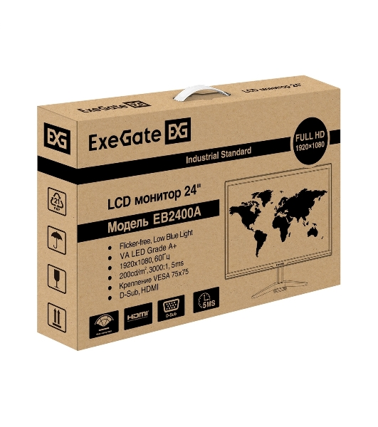 Монитор 24' ExeGate EB2400A VA 1920x1080, 75 Гц, 5 мс, 16:9, 200 кд/м², 1xHDMI, 1xVGA, черный