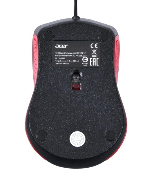 Мышь проводная Acer OMW012 черный/красный, 1200 dpi, USB, кнопки - 3