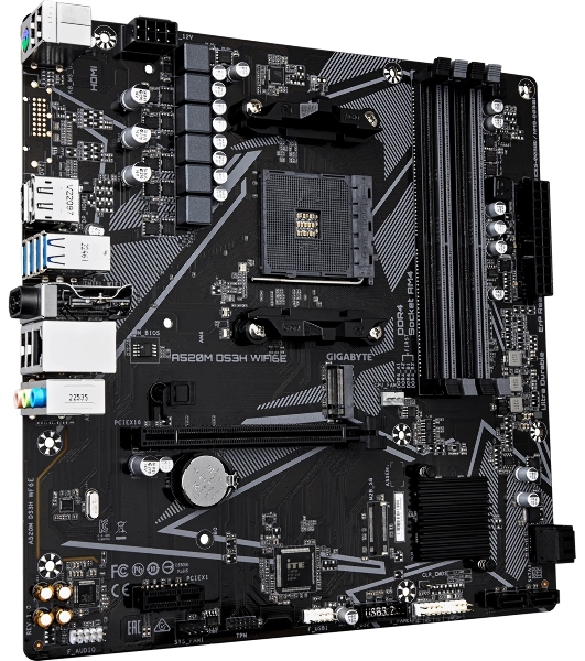 Материнская плата Gigabyte A520M DS3H WIFI6E, AM4, AMD A520, 4xDDR4, 4xSATA, 1xM.2, 1xPCIe 3.0 x16, 1xPCIe 3.0 x1, 1xHDMI, 1xDP, 1x1Gb LAN, Wi-Fi 6E, Bluetooth 5.3, 4xUSB-A 5Gbps, 4xUSB-A 2.0, 1xPS/2, 3x3.5 мм, 7.1, mATX