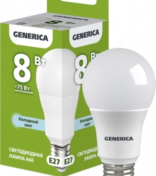 Лампа светодиодная A60 груша 8Вт 230В 6500К E27 GENERICA