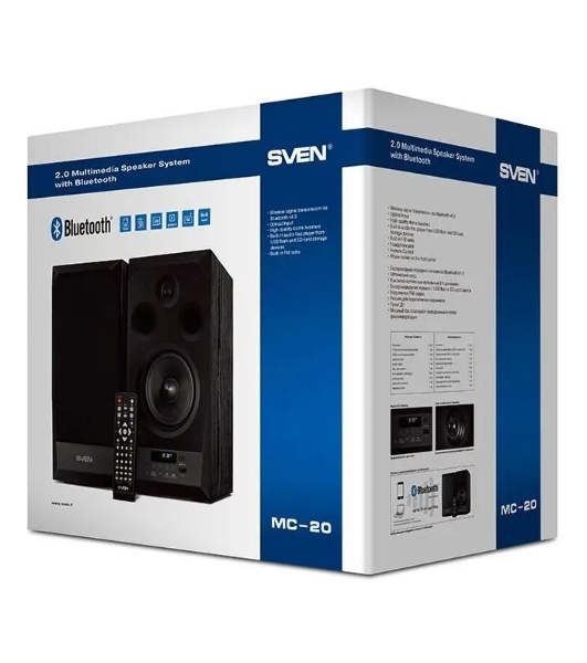 Акустическая система 2.0 SVEN MC-20, черный, мощность 2x45Вт (RMS), FM-тюнер, USB/microSD, дисплей, пульт ДУ, Bluetooth, Optical SVEN MC-20, черный, акустическая система 2.0, мощность 2x45Вт (RMS), FM-тюнер, USB/microSD, дисплей, пульт ДУ, Bluetooth, Optical