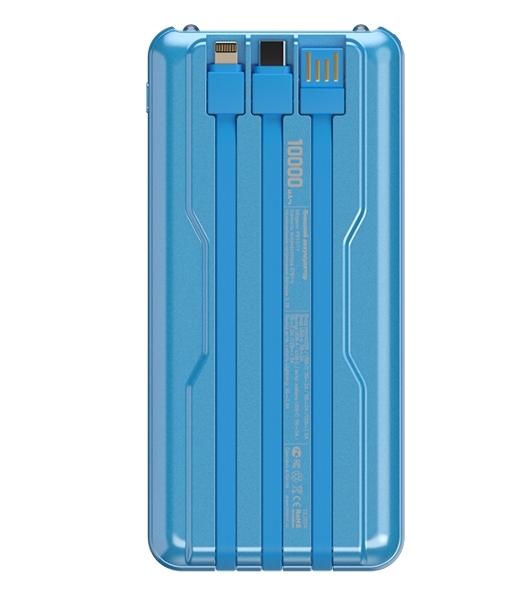 Портативный аккумулятор Maxvi PB10-11 10000 мАч blue 3A, встроенные кабели USB A/Type-C/Lightning