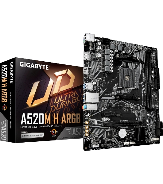 Материнская плата Gigabyte A520M H ARGB, AM4, AMD A520, 2xDDR4, 4xSATA, 1xM.2, 1xPCIe 3.0 x16, 1xPCIe x1, 1xHDMI, 1xDP, 1x1Gb LAN, 4xUSB-A 5Gbps, 2xUSB-A 2.0, 1xPS/2, 3x3.5 мм, 7.1, mATX