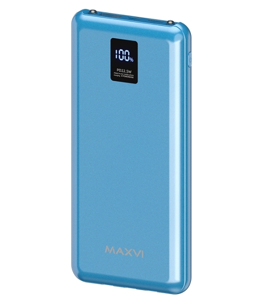 Портативный аккумулятор Maxvi PB10-11 10000 мАч blue 3A, встроенные кабели USB A/Type-C/Lightning