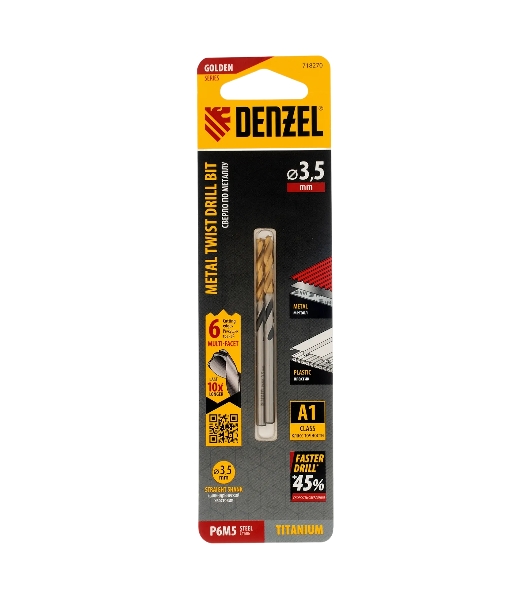 Сверло спиральное по металлу Denzel 3,5 x 70мм, Р6М5, Golden Tip, многогранная заточка, 2 шт.