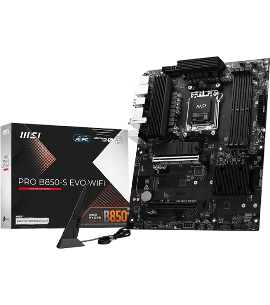 Материнская плата MSI PRO B850-S EVO WIFI, AM5, AMD B850, 4xDDR5 (до 256 ГБ), 4xSATA, 3xM.2 (1xPCIe 5.0, 2xPCIe 4.0), 1xPCIe 5.0 x16, 1xPCIe 4.0 x16, 1xHDMI, 1xDP, 1x5Gb LAN, Wi-Fi 7, Bluetooth 5.4, 1xUSB-C 10Gbps, 2xUSB-A 10Gbps, 2xUSB-A 5Gbps, 4xUSB-A 2.0, 3x3.5 мм, 7.1, чёрный, ATX